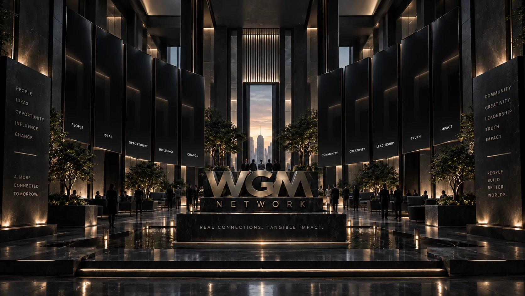 A dark stone institutional hall with ten smoked-glass recognition monuments, greenery and warm-white light surrounding the ground-level WGM NETWORK sculpture.